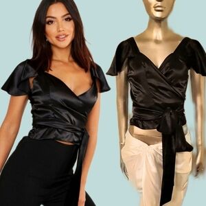NWOT Boohoo Black Sexy Angel Flutter Sleeve Wrap Satin Blouse Size 10
